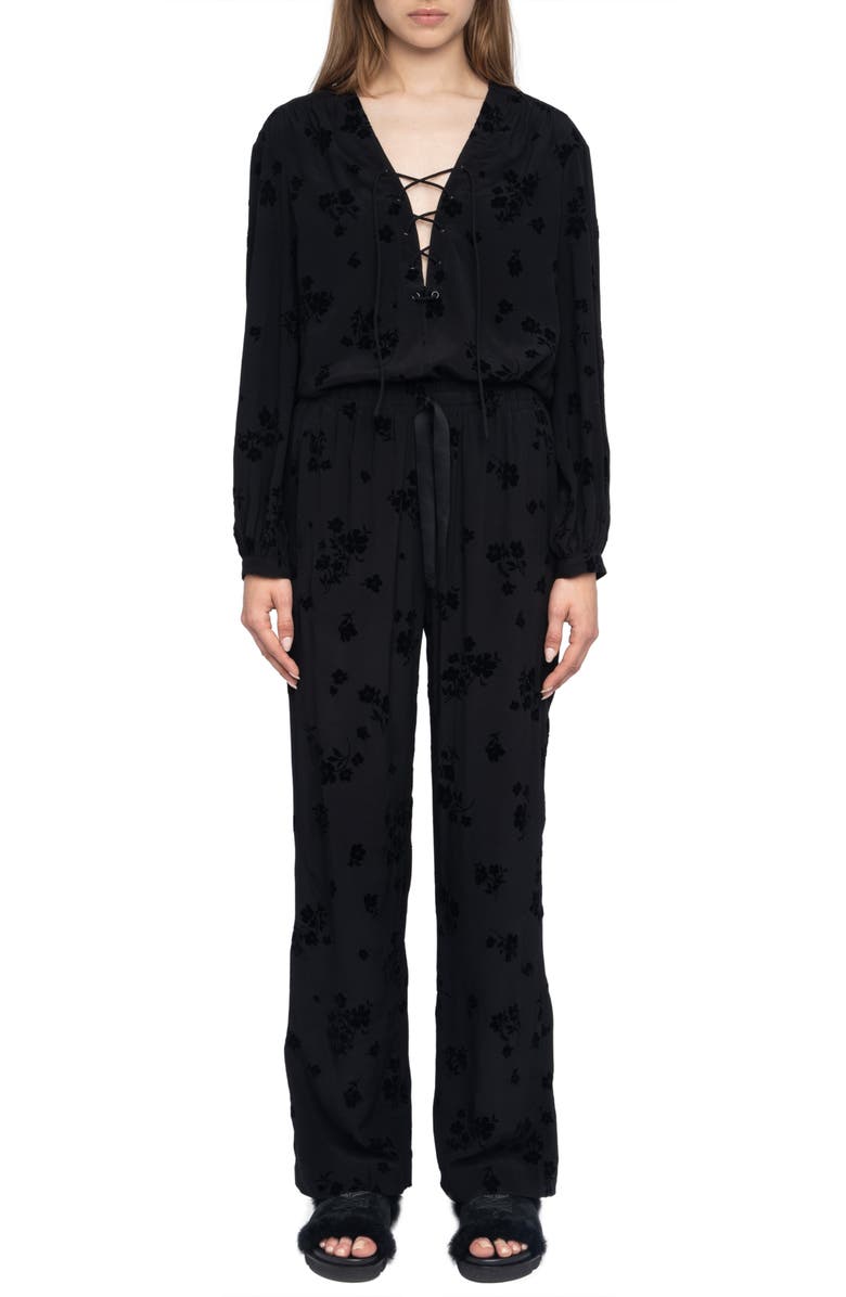 Zadig & Voltaire Poma Floral Satin Drawstring Waist Pants, Alternate, color, Black