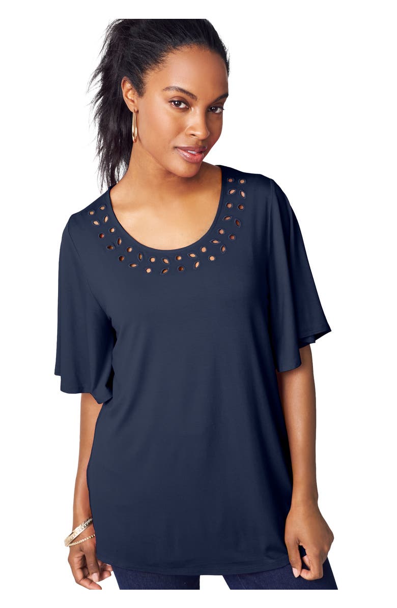 Jessica London Cutout Flutter Sleeve Tunic, Main, color, Navy