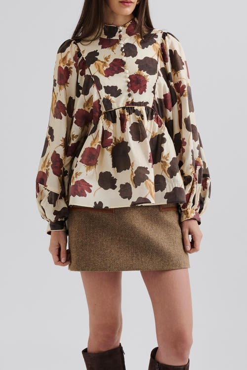 Malina Pernilla High Neck Balloon Sleeve Blouse In Neutral