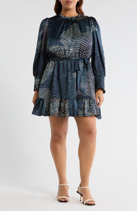 Kirby Geometric Sevilla Satin Long Sleeve Dress (Plus)