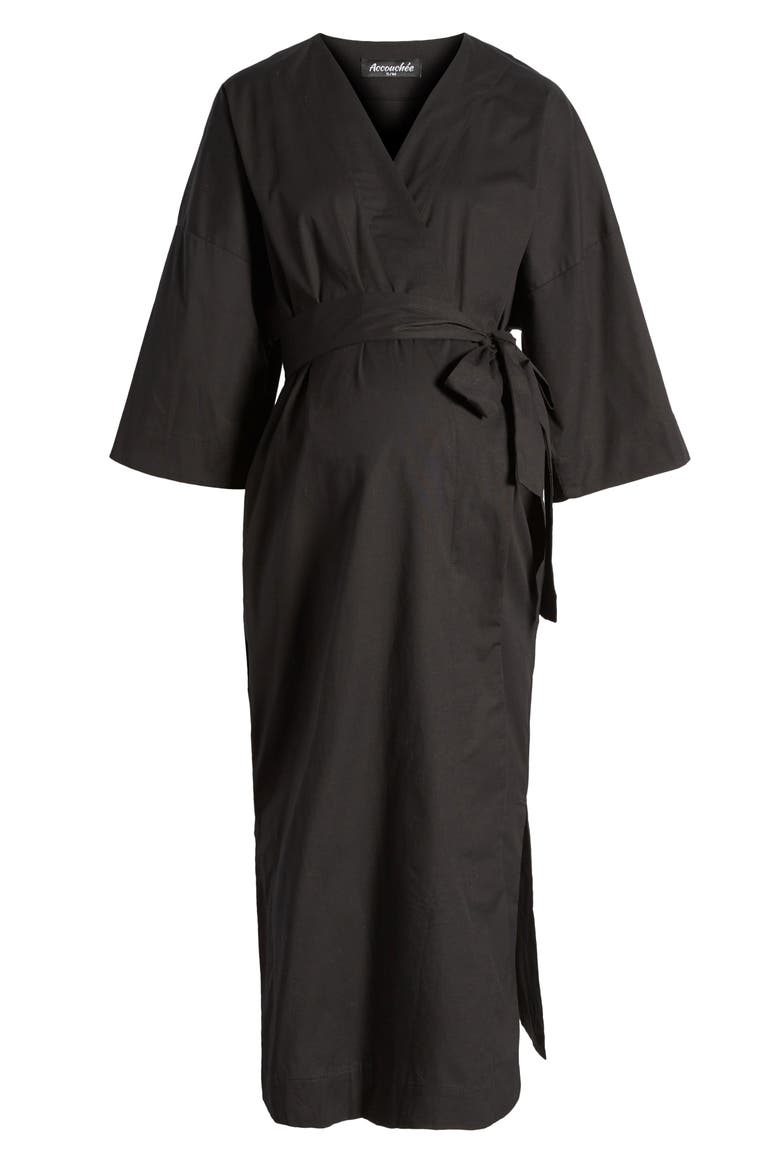 Amaterasu Tie Belt Maternity/Nursing Wrap Midi Dress, Alternate, color, BLACK