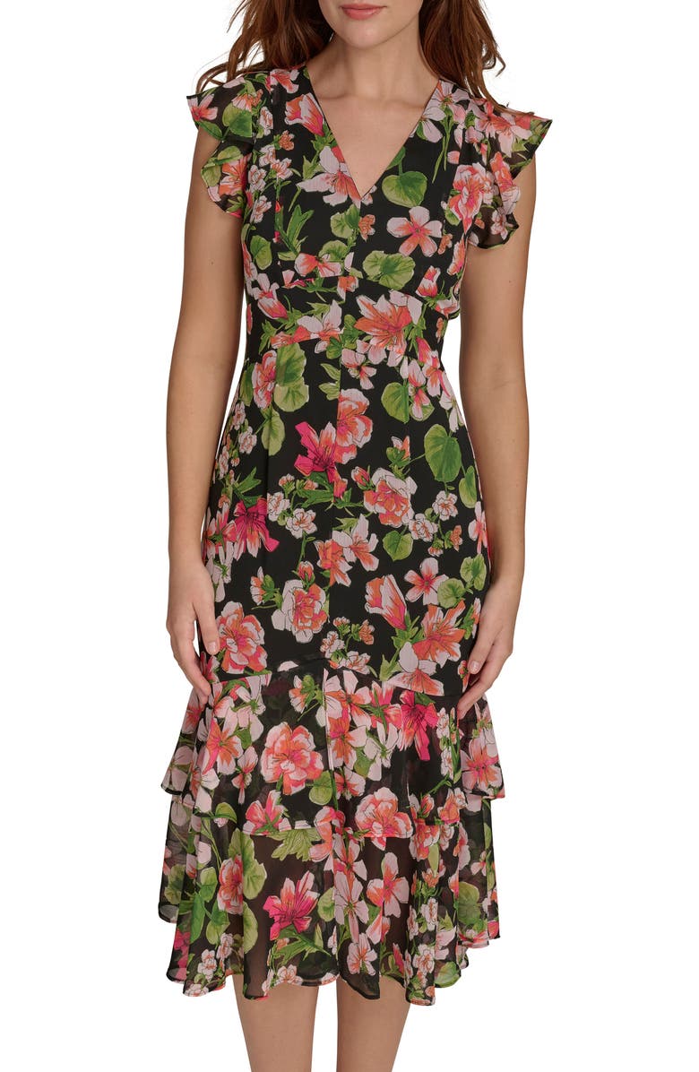 Tommy Hilfiger Flutter Sleeve Floral Chiffon Midi Dress, Alternate, color,