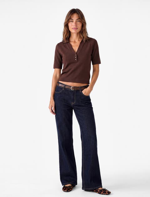 Short Sleeve Polo Knit Top With Buttoned Placket