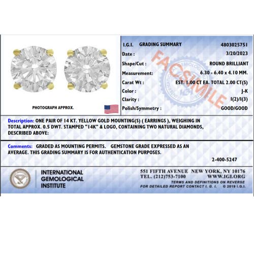 Bliss Diamond 2 Ct Certified Diamond Studs With Screw Backs 14k Gold