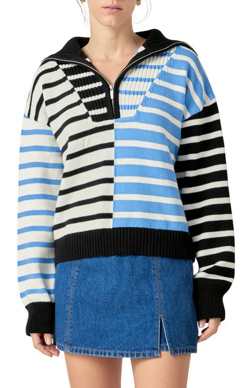 English Factory Stripe Half Zip Pullover In Powder Blue/black