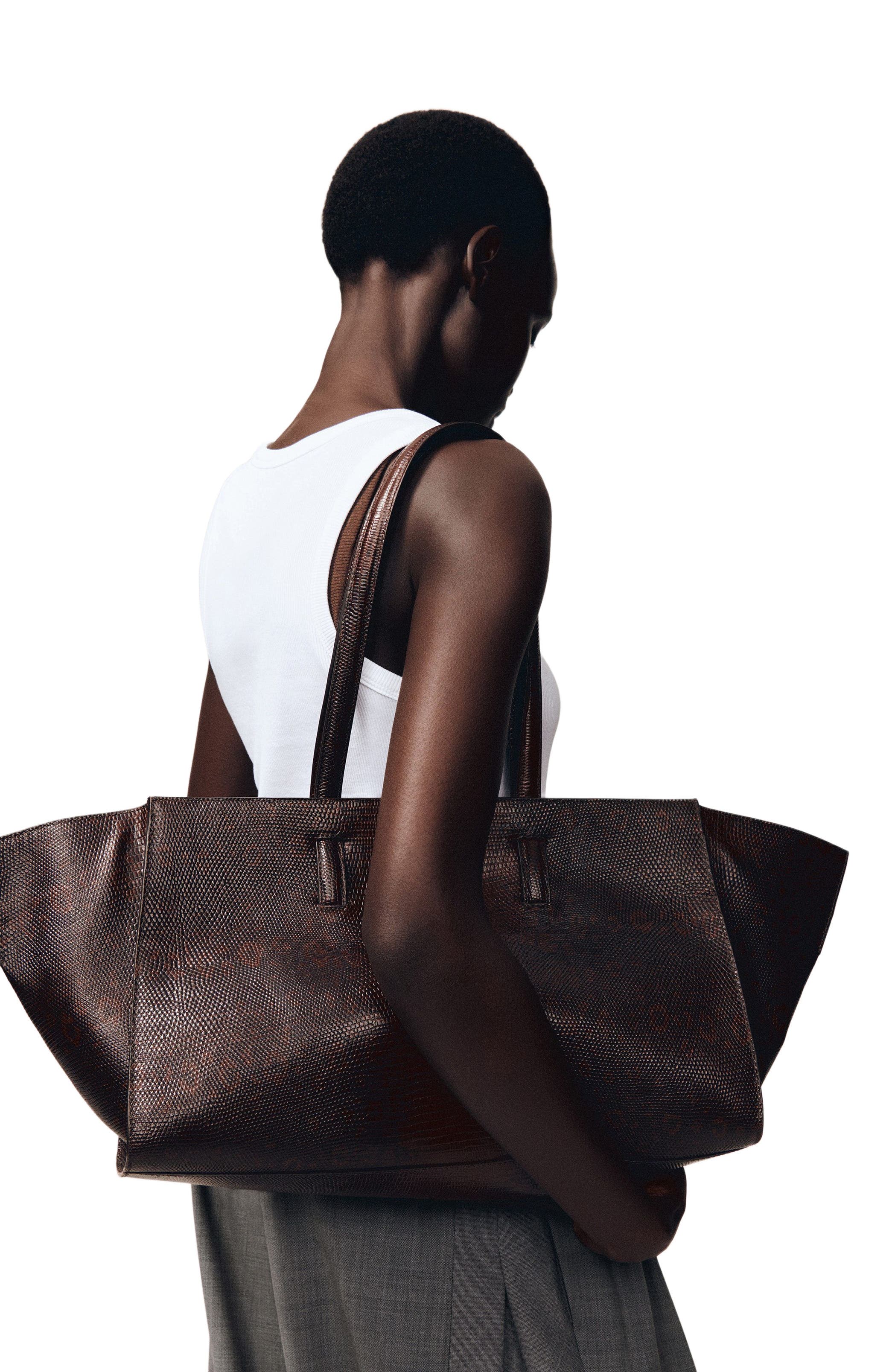 COS Monument Tote Bag - Leather, Alternate, color, Croc-Effect / Brown