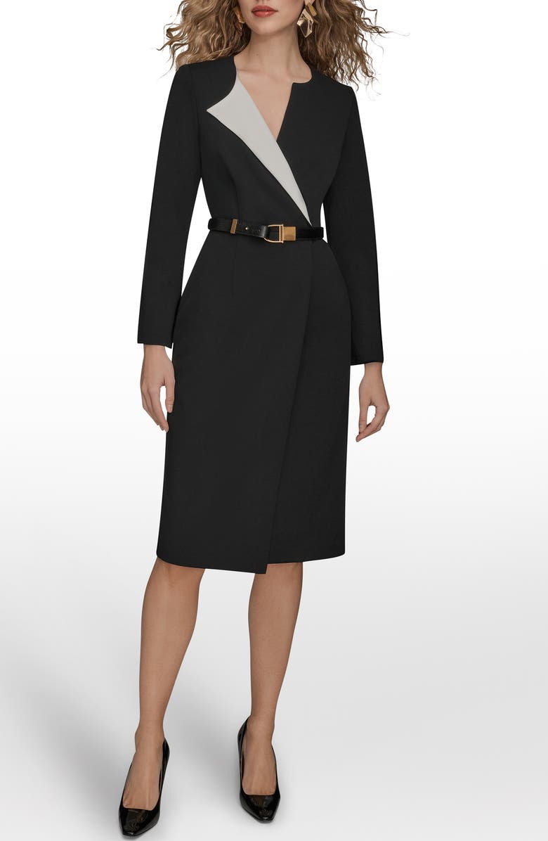 Donna Karan New York Asymmetric Collar Long Sleeve Dress, Main, color, Black Cream