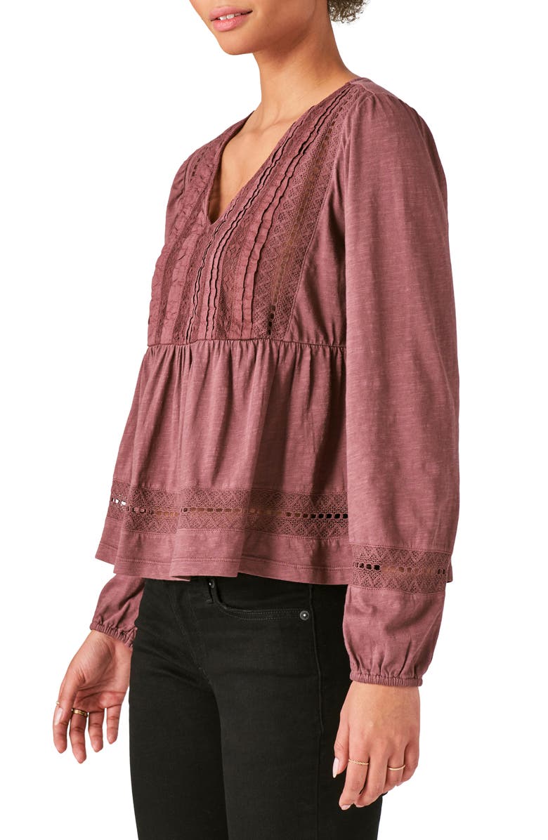 Lucky Brand Pintuck Lace Long Sleeve Cotton Blouse, Alternate, color, 