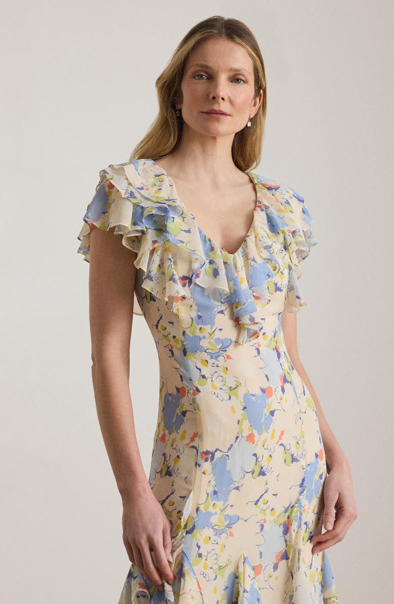 Lauren Ralph Lauren Floral Ruffle Gown, Alternate, color, Blue/ Multi