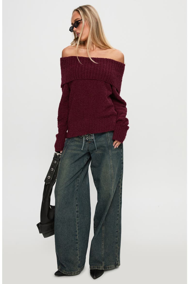 Parkley Off the Shoulder Bouclé Sweater, Alternate, color, BURGUNDY
