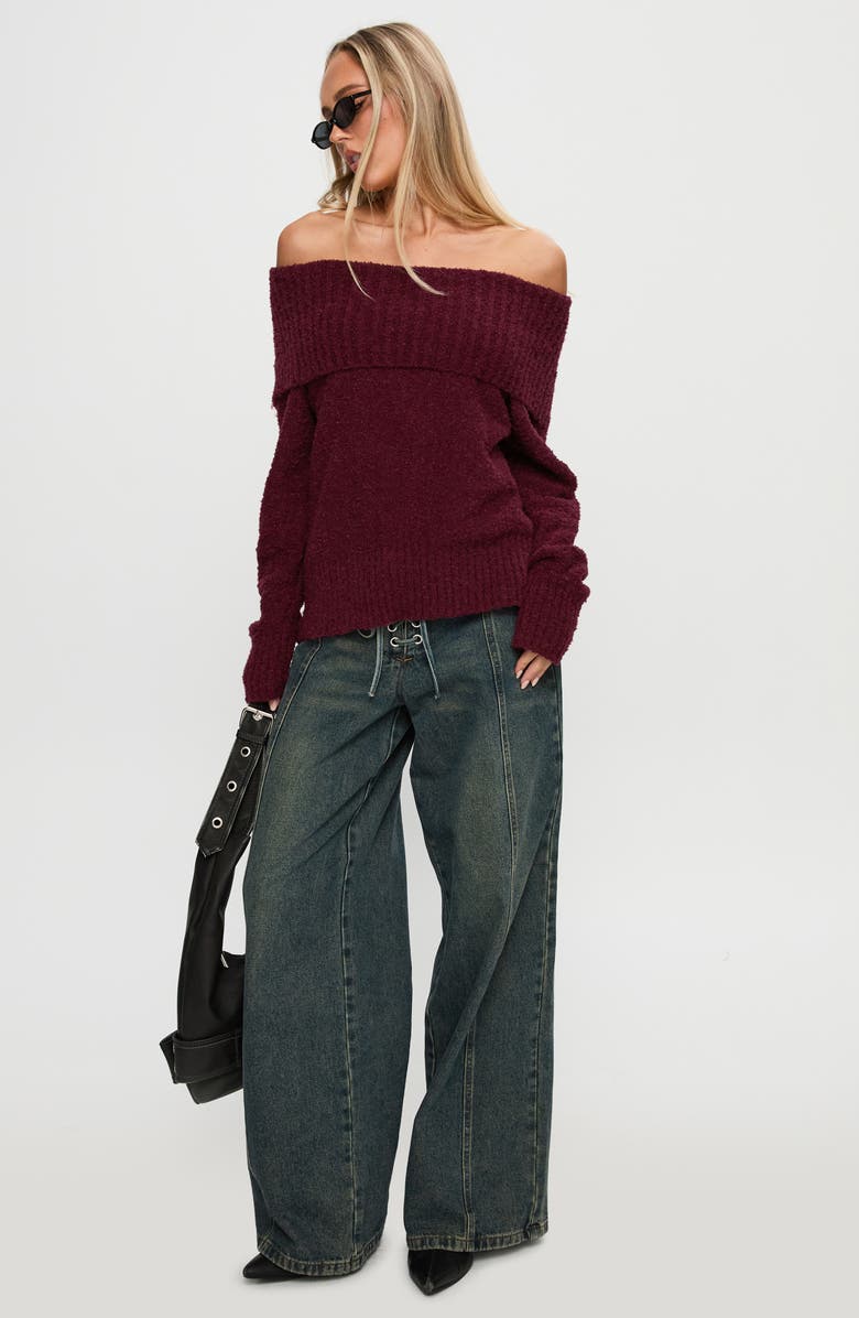 Princess Polly Parkley Off the Shoulder Bouclé Sweater, Alternate, color, Burgundy