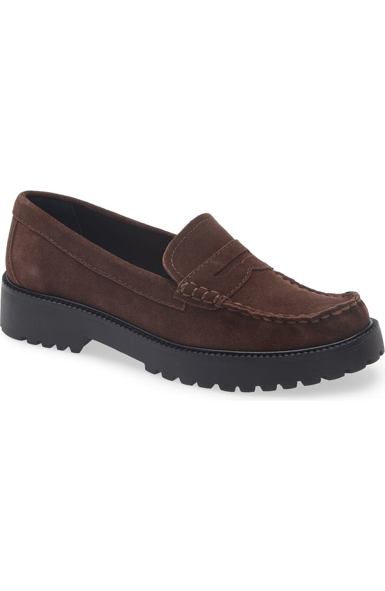 Dolce Vita Merek Platform Penny Loafer, Main, color, Dark Brown Suede