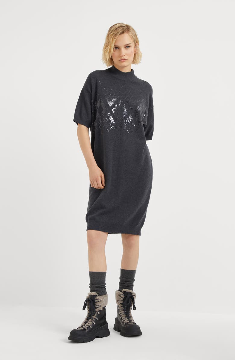 Brunello Cucinelli Virgin wool, cashmere and silk knit dress with dazzling mosaic embroidery, Alternate, color, 