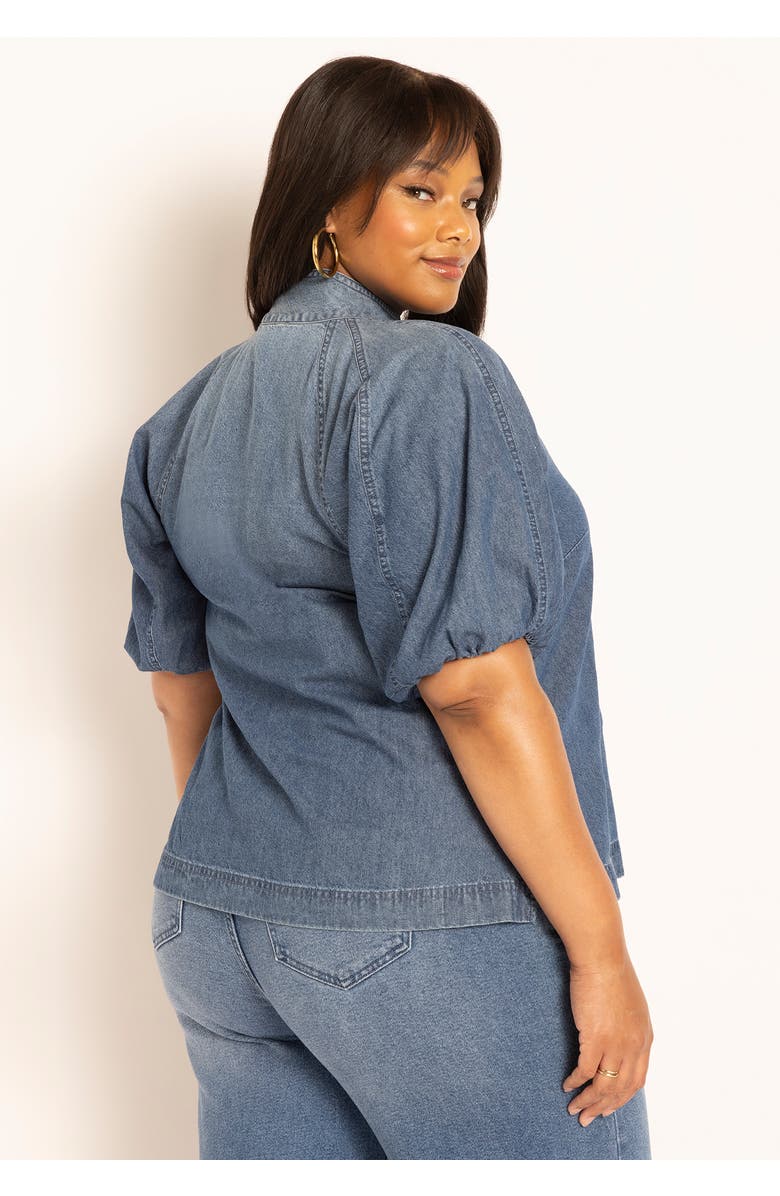 ELOQUII Puff Sleeve Chambray Tie Neck Top, Alternate, color, Medium Wash