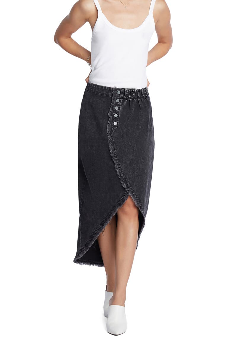 Button Front Denim Faux Wrap Skirt, Alternate, color, SHADY BLACK