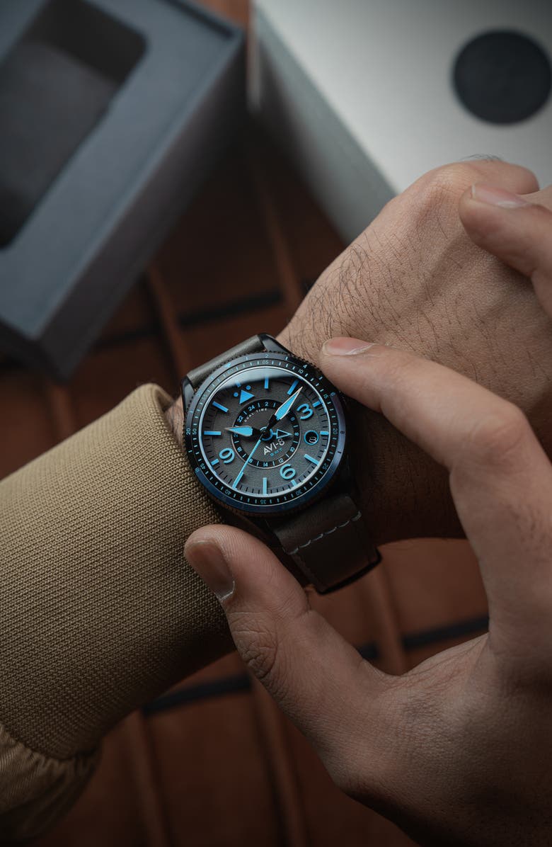 AVI-8 Flyboy Airmaster GMT Leather Strap Watch, 40mm, Alternate, color, Grey