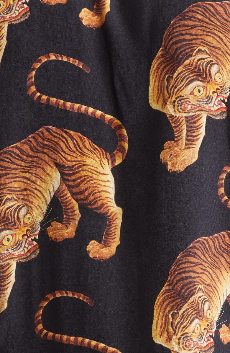 ENDLESS JOY Tiger Print Crepe Camp Shirt, Alternate, color, Black