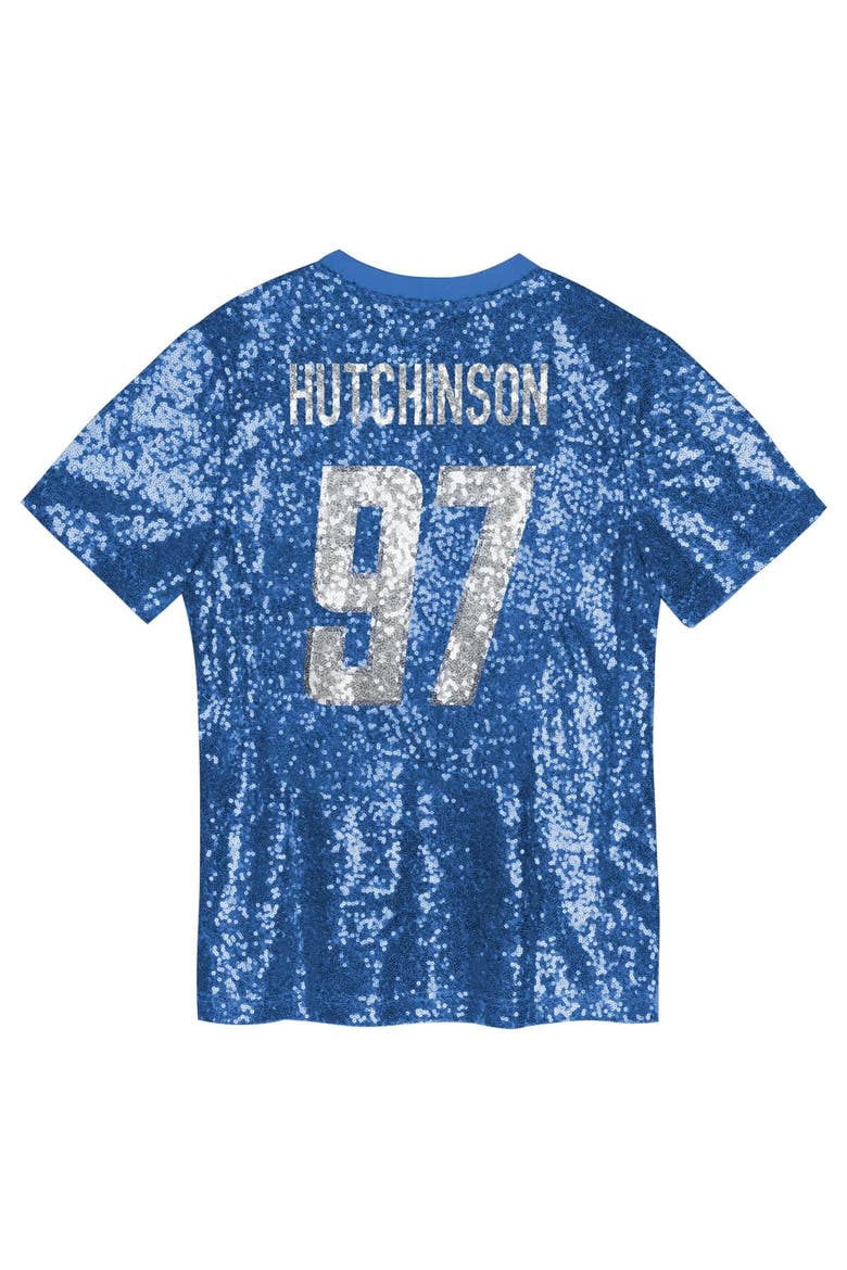 Girls Youth Aidan Hutchinson Blue Detroit Lions Sequin V-Neck Fashion Jersey, Alternate, color, Blue