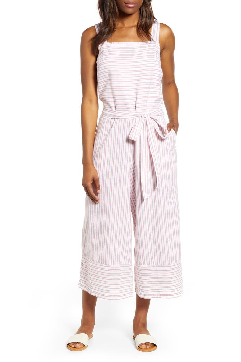 Talia Stripe Cotton & Linen Jumpsuit, Main, color, ROSE