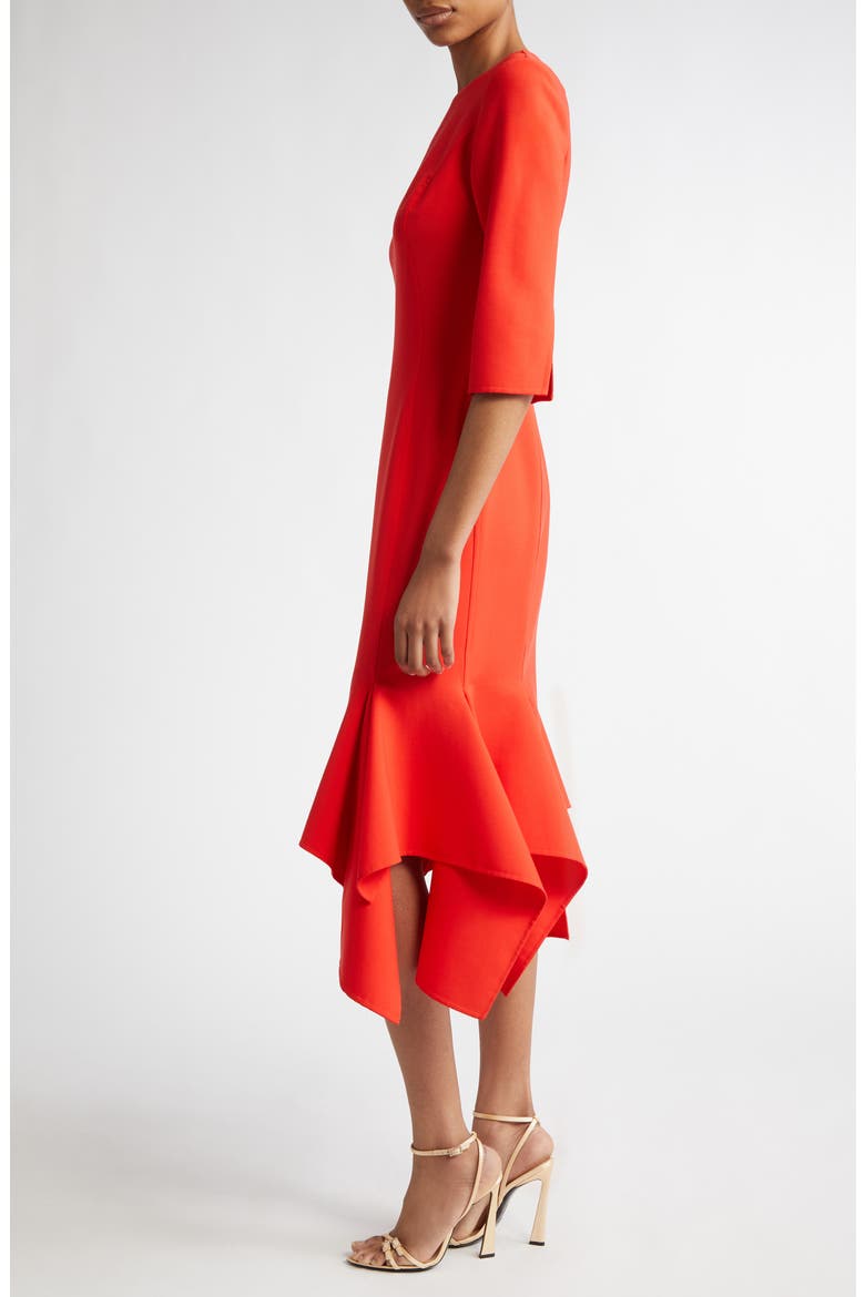 Asymmetric Hem Virgin Wool Blend Midi Dress, Alternate, color, VERMILION