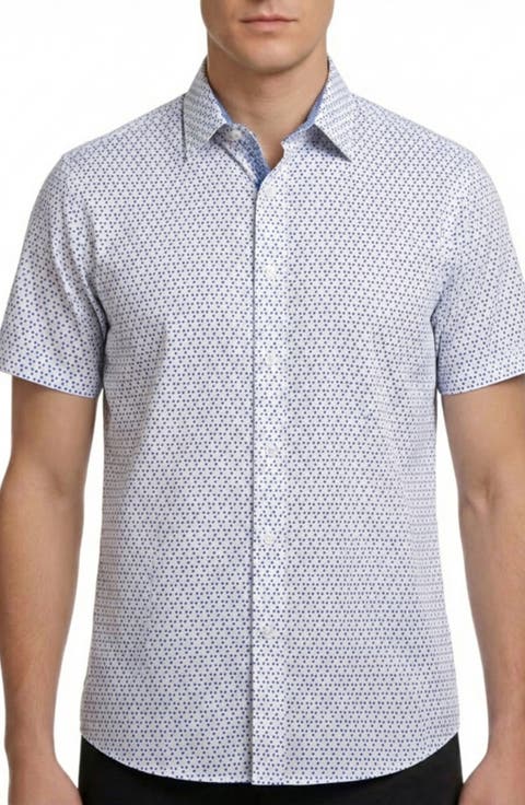 Dot Print Short Sleeve Stretch Button-Up Shirt