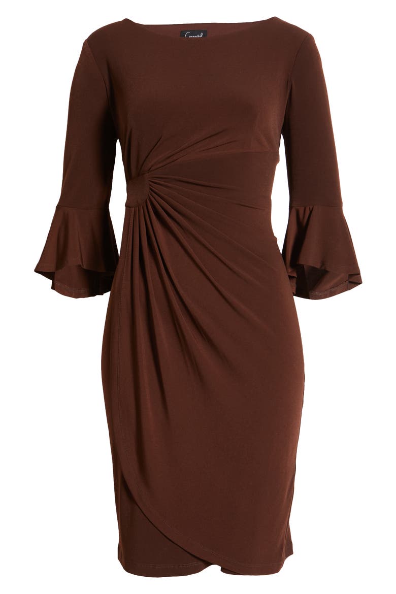 Ruched Bell Sleeve Faux Wrap Cocktail Dress, Alternate, color, COFFEE