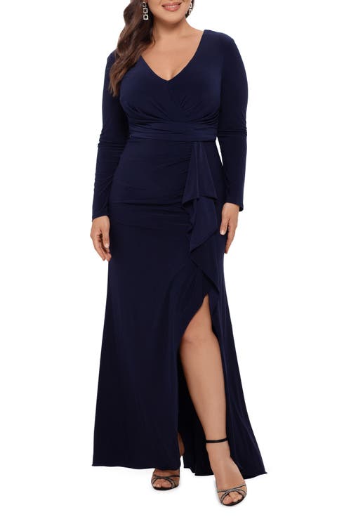 Ruffle Side Slit Long Sleeve Gown (Plus Size)