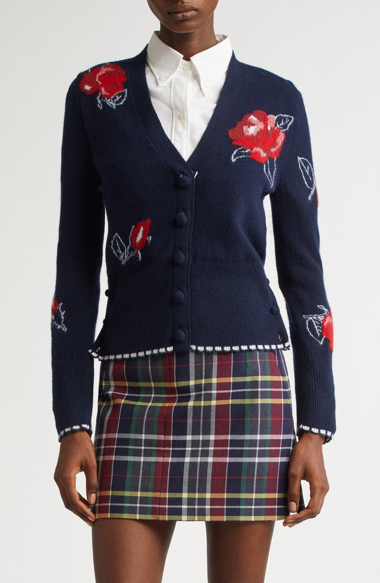 Thom Browne Rose Intarsia Brushed Virgin Wool V-Neck Cardigan, Main, color, 