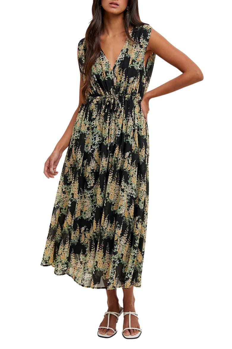 Floral Sleeveless Midi Dress, Main, color, BLACK/ YELLOW