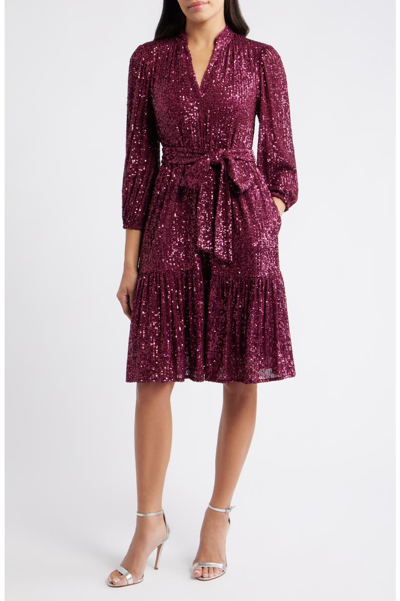 Sequin Belted Dress, Main, color, BERRY