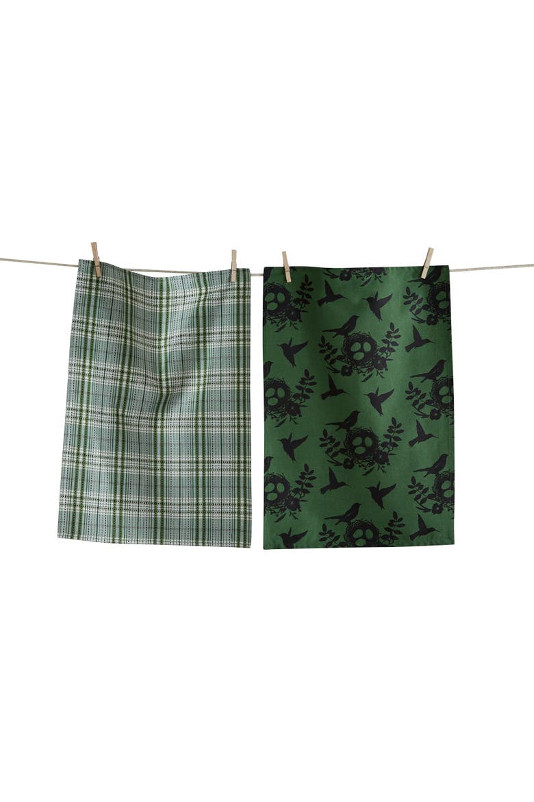 Hummingbird Dishtowel Set of Two Multicolor Cotton Towels, Main, color, Green