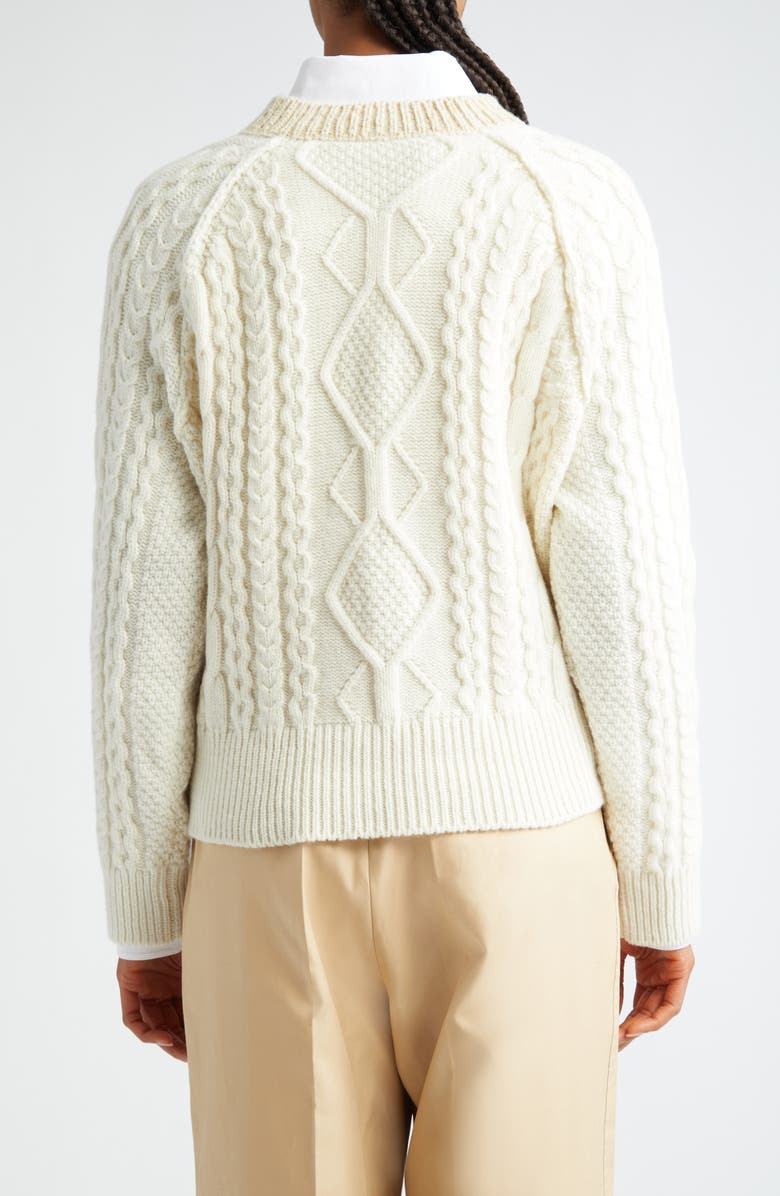 Victoria Beckham Contrast V-Neck Cable Stitch Lambswool Sweater, Alternate, color,