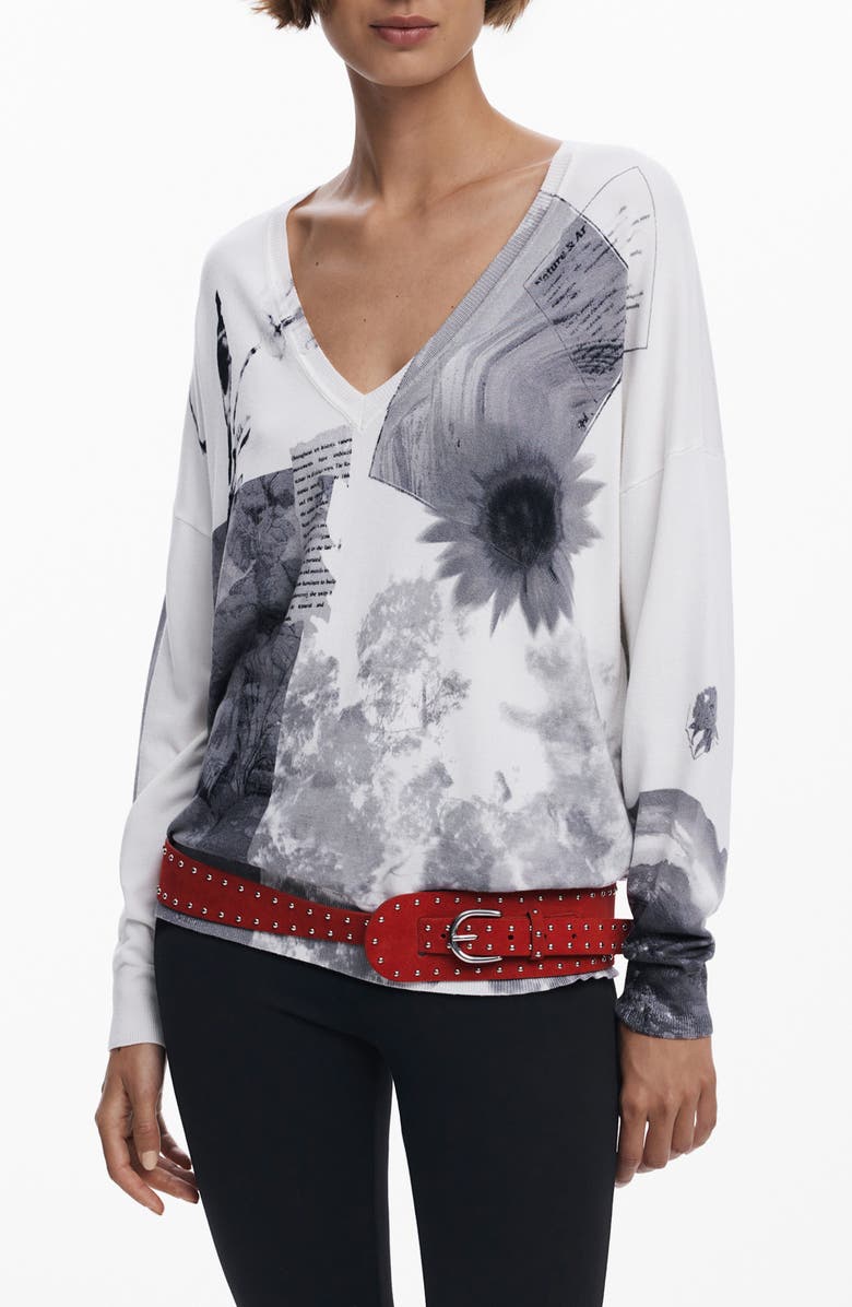 Desigual Mixed Print Sweatshirt, Main, color, White