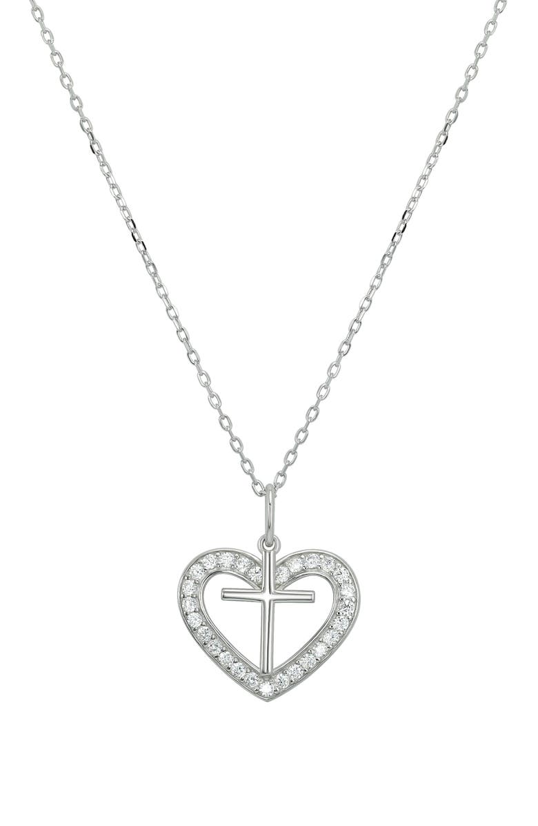 CANDELA JEWELRY CZ Cross Heart Pendant Necklace, Main, color, Silver
