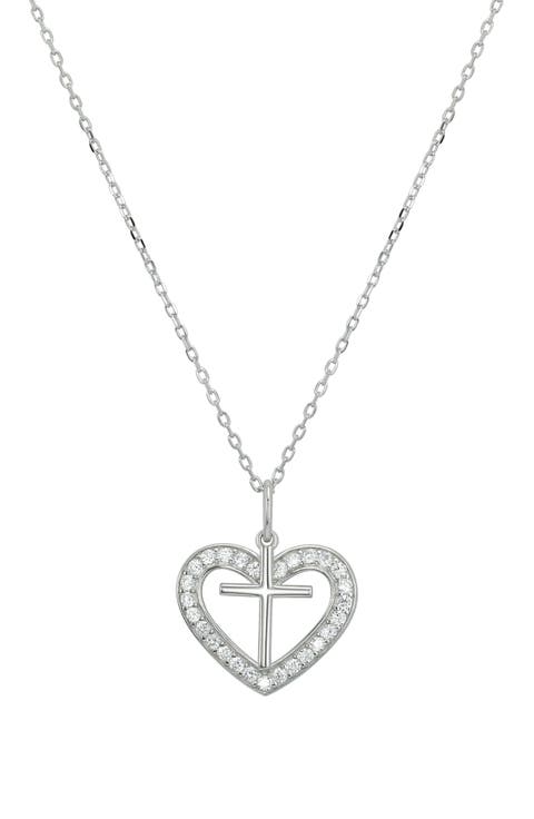 CZ Cross Heart Pendant Necklace