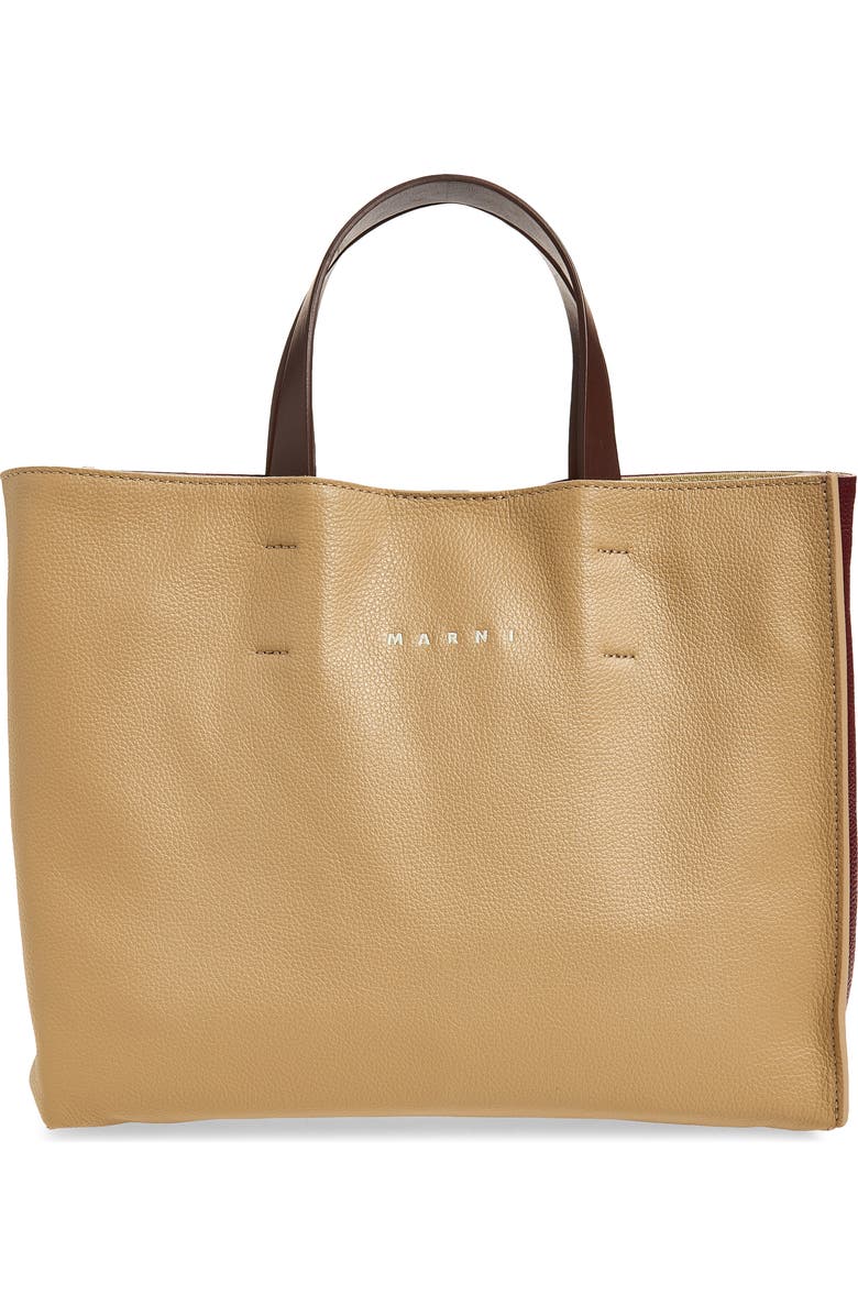 Marni Museo Soft Colorblock Leather East/West Tote, Main, color, Moon/ Burgundy/ Coffee