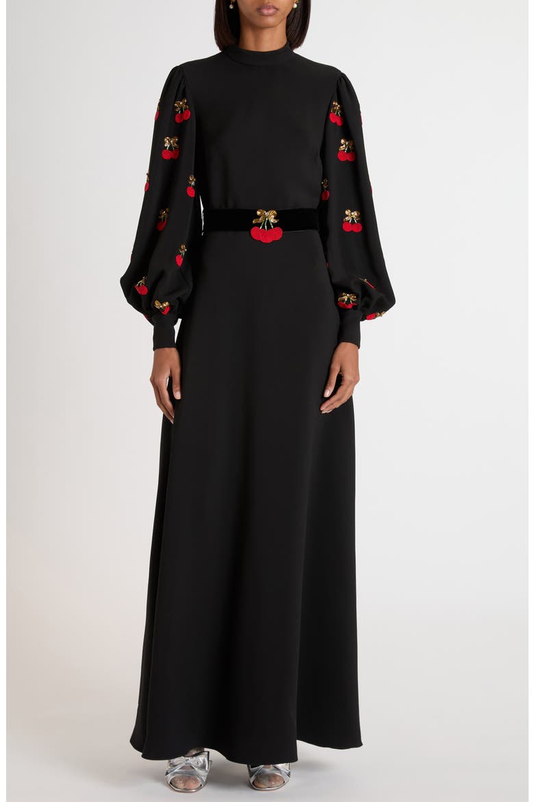 Cherryfic Beaded Long Sleeve Silk Gown, Main, color, BLACK/ CHERRY