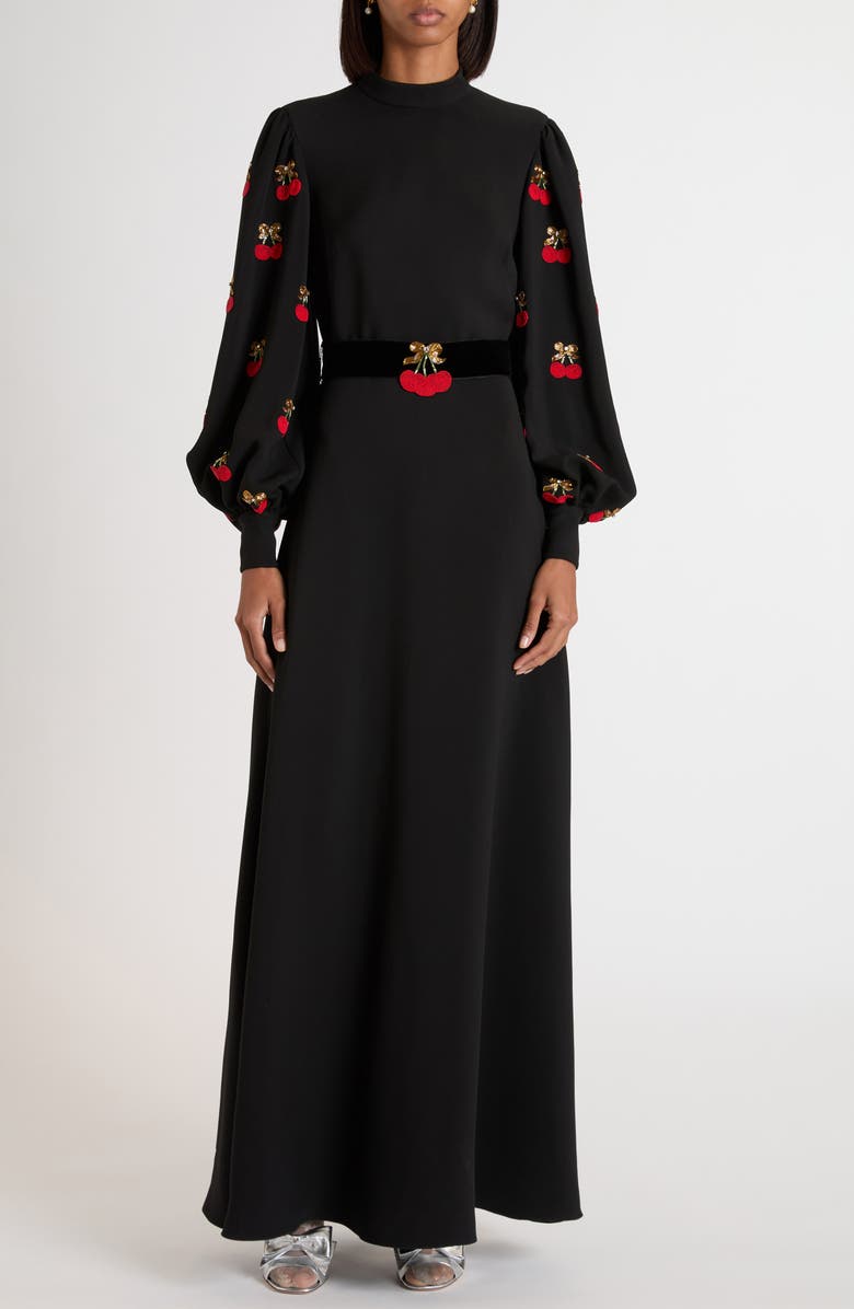 Valentino Garavani Cherryfic Beaded Long Sleeve Silk Gown, Main, color, Black/ Cherry