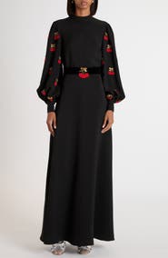 Valentino Garavani Cherryfic Beaded Long Sleeve Silk Gown