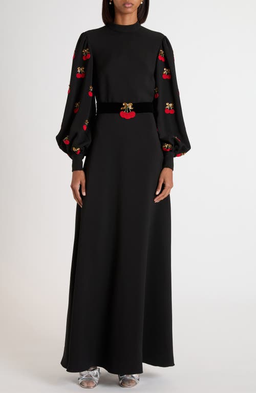 Valentino Garavani Cherryfic Beaded Long Sleeve Silk Gown In Black