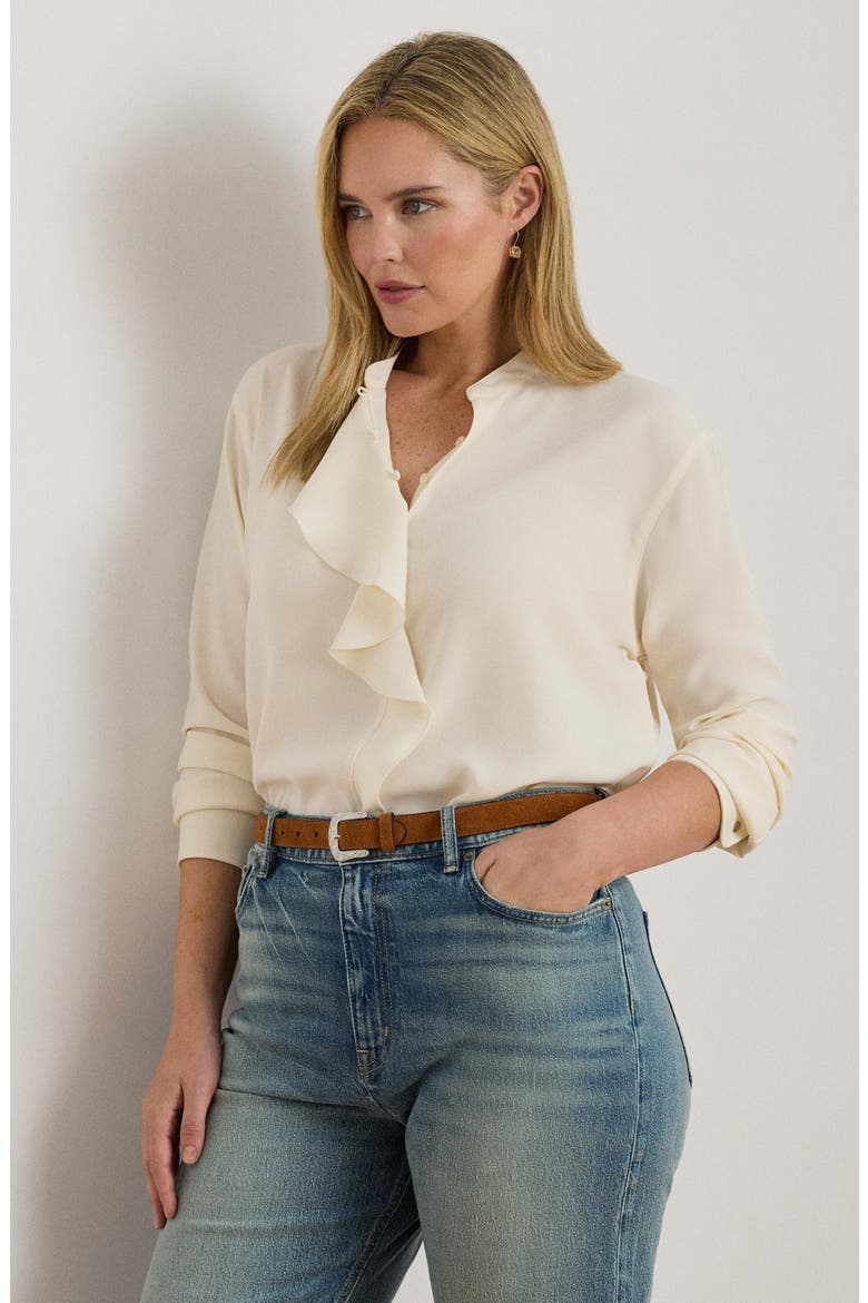 Ruffle Trim Georgette Tunic, Alternate, color, MASCARPONE CREAM