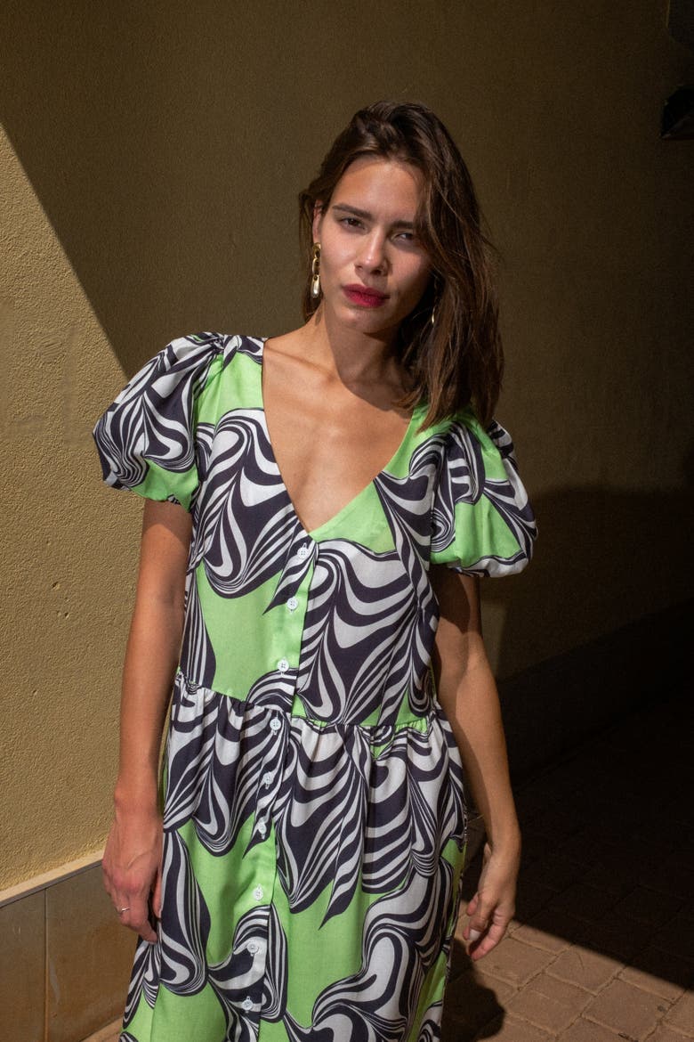 Caleo Printed Puffed-Sleeve Midi Dress, Alternate, color, Diemta