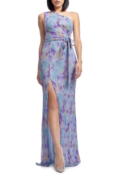 Bella Metallic Floral Plissé One-Shoulder Gown