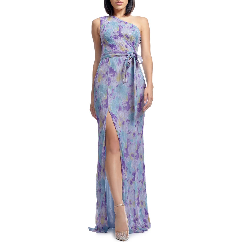 DRESS THE POPULATION DRESS THE POPULATION BELLA METALLIC FLORAL PLISSÉ ONE-SHOULDER GOWN