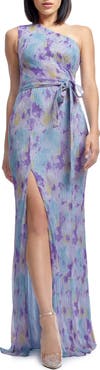 Dress the Population Bella Metallic Floral Plissé One-Shoulder Gown