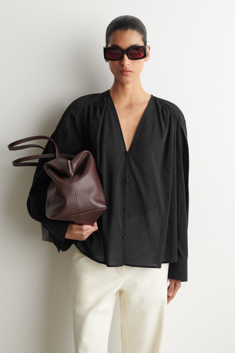 Gathered Lightweight Cotton V-neck Shirt, Main, color, BLACK