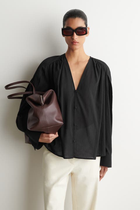 Gathered Lightweight Cotton V-neck Shirt
