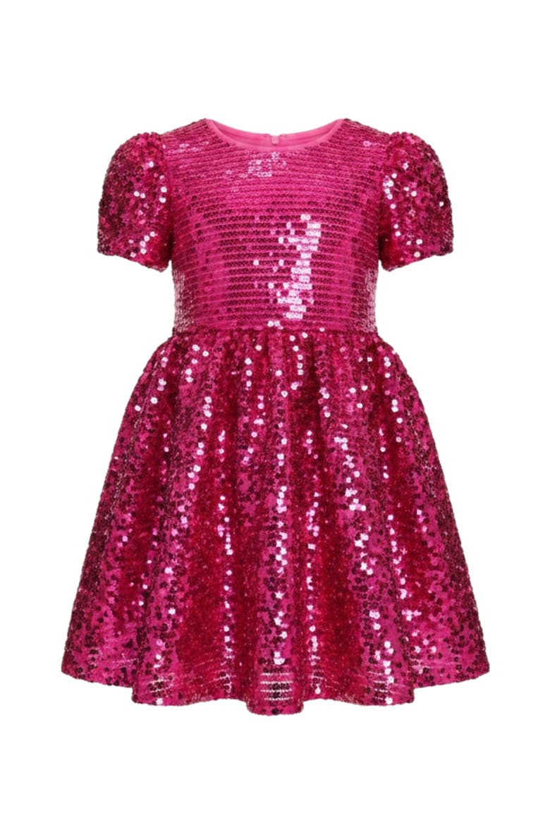 Sparkle Twirl Pink Sequin Puff Sleeve Dress, Main, color, Pink