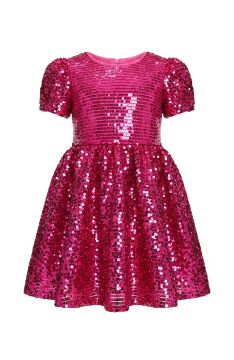 Sparkle Twirl Pink Sequin Puff Sleeve Dress