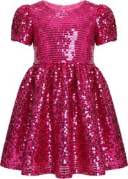 Mia Belle Girls Sparkle Twirl Pink Sequin Puff Sleeve Dress